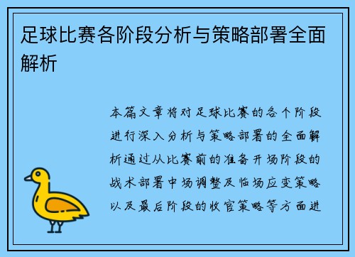 足球比赛各阶段分析与策略部署全面解析