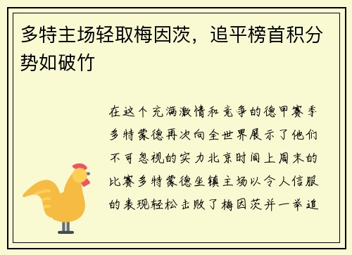 多特主场轻取梅因茨，追平榜首积分势如破竹
