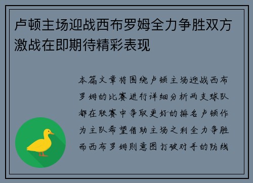 卢顿主场迎战西布罗姆全力争胜双方激战在即期待精彩表现